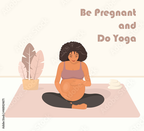 Pregnant african americanwoman practices yoga and meditation. Concept of motherhood, health care. Cartoon flat style. Vector illustration