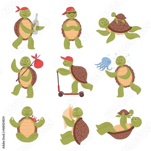 Cartoon cute turtles, funny turtle characters. Happy tortoise in various poses, swimming or doing yoga, friendly aquatic animal vector set. Character having message in bottle, parent with child