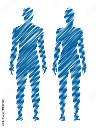 Male and female body vector sketch drawing, isolated on white background.
