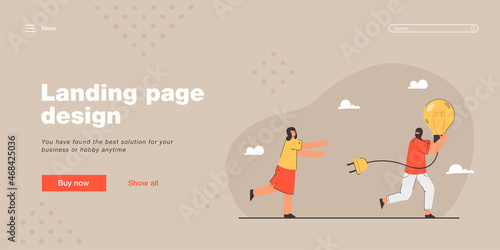 Man running away with stolen idea symbolized by light bulb. Man stealing light bulb from woman. Female character chasing thief in mask. Idea theft concept for banner, website design or landing page
