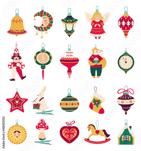 Christmas tree decorations and toys, xmas balls with ornaments. Cute winter holiday hanging decoration, retro new year tree toy vector set. Angel, fox, house and rabbit with drums decor