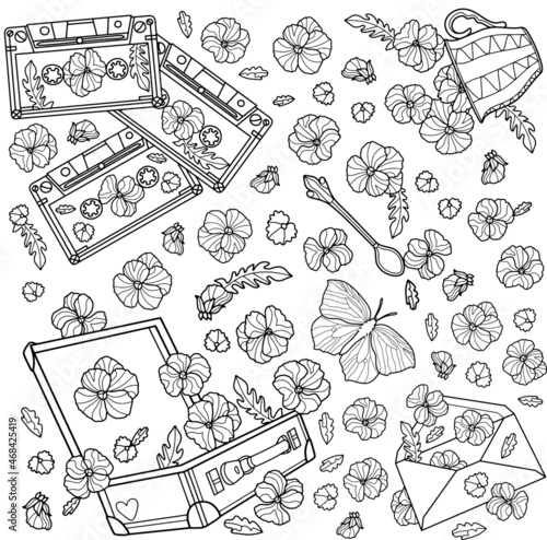 Pansy set, coloring page for children and adults