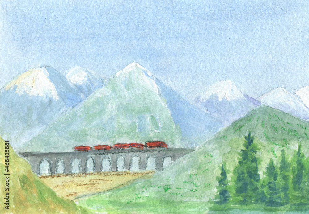 Landscape with train and mountains that are covered with snow. Watercolor and gouache  illustration.
