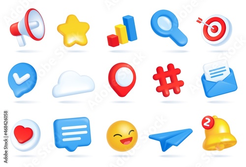 3d social media icons, digital marketing and advertising icon. Heart like, megaphone, emoji, bell notification, chat bubble symbols vector set. Magnifying glass, envelope with letter