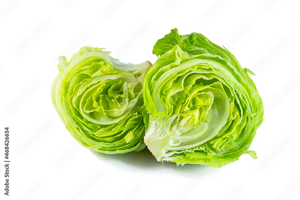 Fresh green iceberg lettuce salad leaves cut isolated on white background. - obrazy, fototapety, plakaty 