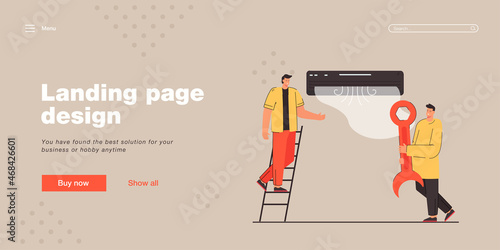 Men repairing air conditioning system. Two male characters fixing broken conditioner, holding wrench, standing on ladder, communicating. Repairman concept for banner, website or landing page