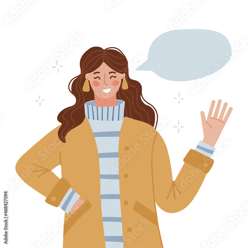 Smiling woman waving. Girl greeting gesture, hand saying hi. Female character in autumn casual clothes say hello. Waving hand and gesturing in friendly way. Flat vector illustration isolated