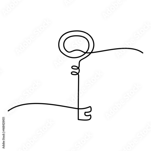 Key in continuous line art drawing style. Old style metal key shape. Minimalist black linear design isolated on white background. Vector illustration