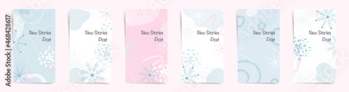 Winter sale stories banners fashion template set. Winter snow design for new stories and promo posts. Winter design with snowflakes, abstract shapes and wavy lines in white, blue, and pink colors set.