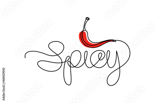 Spicy handwritten lettering with symbolic red hot chili pepper for spicy food definition. Continuous line drawing text design. Vector illustration