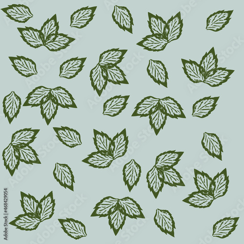 print of dark green leaves on a gray background. Stylish pattern for women s clothing.