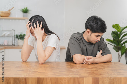 Breakup and depressed, asian young quarrel couple love fight relationship in trouble. Different people are emotion angry. Argue husband has expression, upset with wife. Problem of family people.