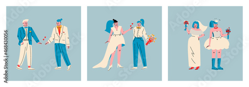 Various lgbt couples in wedding dresses. Same-sex relationships. Bride and groom in an elegant suit. Set of vector trendy illustrations.