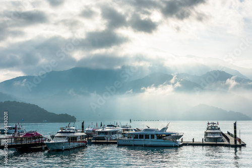 The scenery of the Yacht Marina at Sun Moon Lake in the morning is a famous attraction in Nantou  Taiwan.