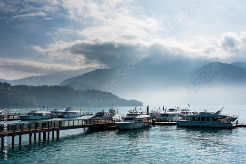 The scenery of the Yacht Marina at Sun Moon Lake in the morning is a famous attraction in Nantou  Taiwan.