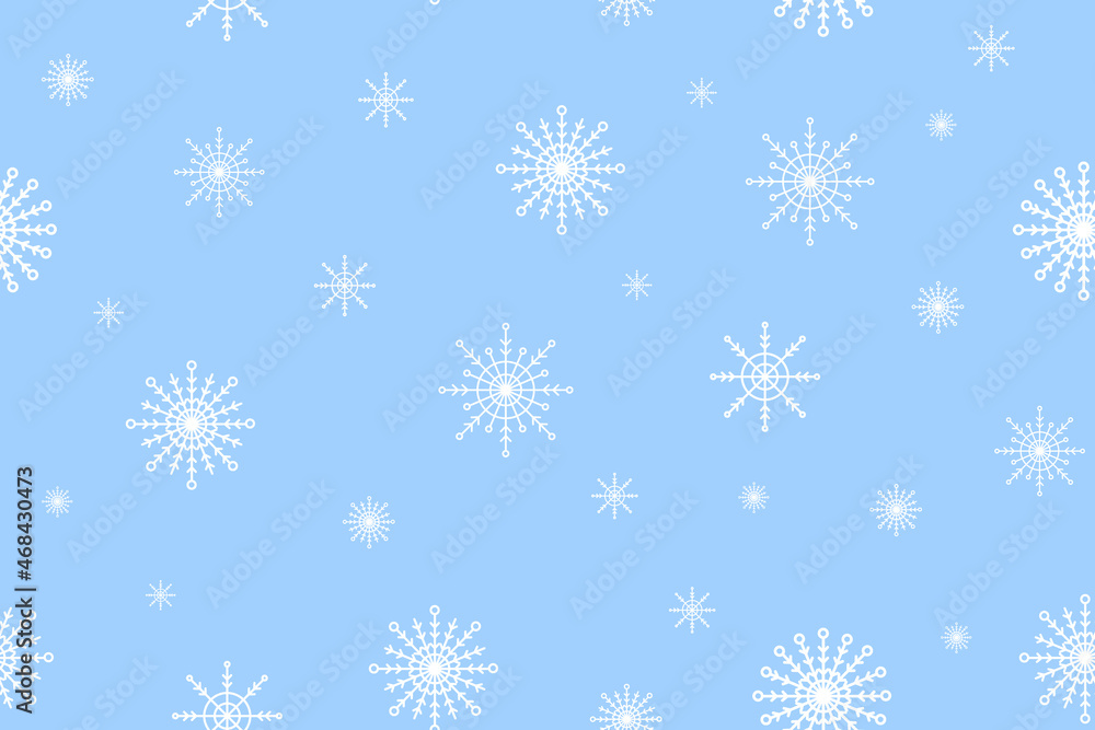 Winter seamless pattern with snowflakes, blue background. Christmas, New Year greeting card. Suitable for gift wrapping, wrapping paper, wallpaper, interior decor, textiles. Vector illustration