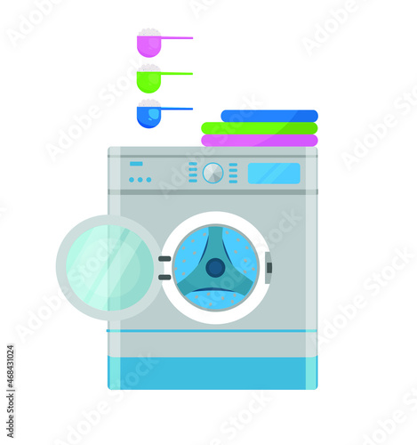 open washing machine on an isolated background in cartoon flat style ,powder spoons