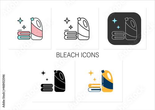 Bleach icons set.Household chemical bottle,laundry pile.Disinfection,house cleaning, stain removing and bleaching.Collection of icons in linear, filled, color styles.Isolated vector illustrations