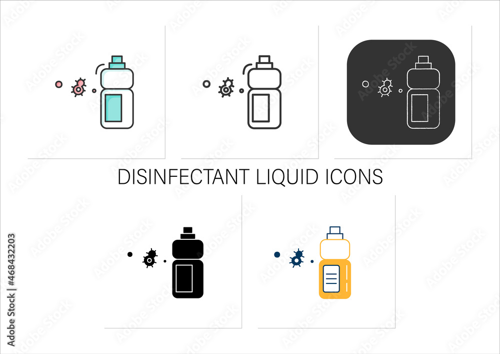 Sanitizer bottle icons set.Disinfectant liquid clean label mockup bottle.Disinfection,covid infection pandemic precaution.Collection of icons in linear,filled,color style.Isolated vector illustrations Sanitizer bottle icons set.Disinfectant liquid clean label mockup bottle.Disinfection,covid infection pandemic precaution.Collection of icons in linear,filled,color style.Isolated vector illustrations