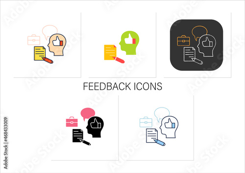 Feedback icons set. Giving constructive feedback. Reasonable thoughts about work. Smart ideas. Conflict management.Collection of icons in linear, filled, color styles.Isolated vector illustrations