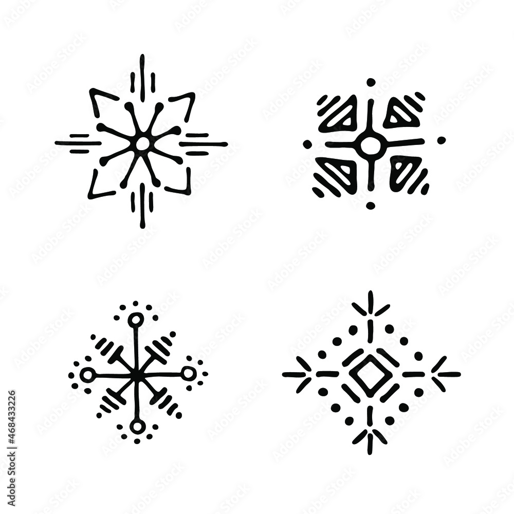 Winter hand drawn monochrome set of 4 complete snowflakes Winter hand drawn monochrome set of 4 complete snowflakes