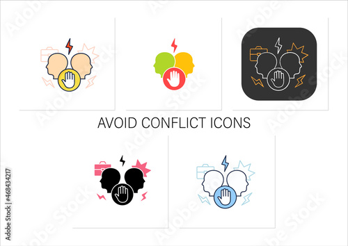 Avoid conflict icons set. Aggravating conflict between two persons. Fight.Misunderstanding concept. Collection of icons in linear, filled, color styles.Isolated vector illustrations