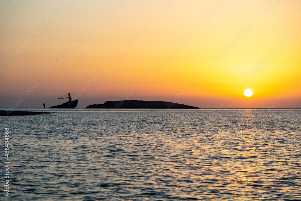 Nordland Shipwreck at sunset, Kythira island Greece. Russian cargo navagio half sunk rusty ship