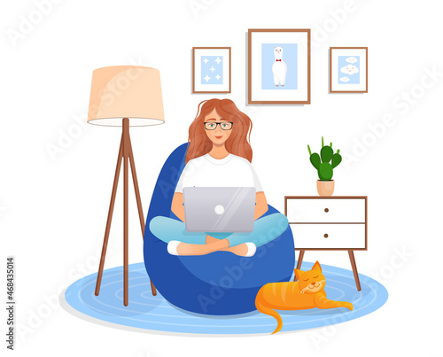 Woman is sitting on a bean bag chair at home at a laptop computer. Remote work, office at home, programming, freelance. Study at home in quarantine. Vector illustration. Cozy interior with a cat.