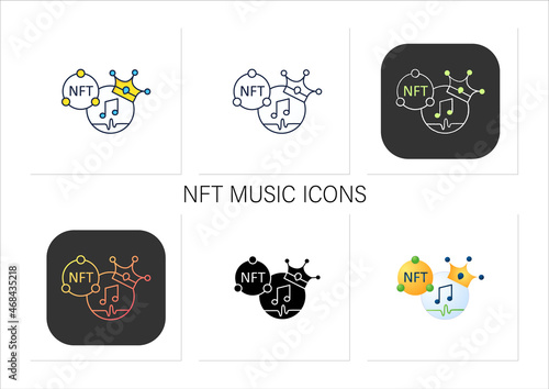 NFT music icons set. Music format with non fungible token coin.Represent digital files. Used to commodify digital creations. Cryptocurrency concept. Isolated vector illustration.Editable stroke