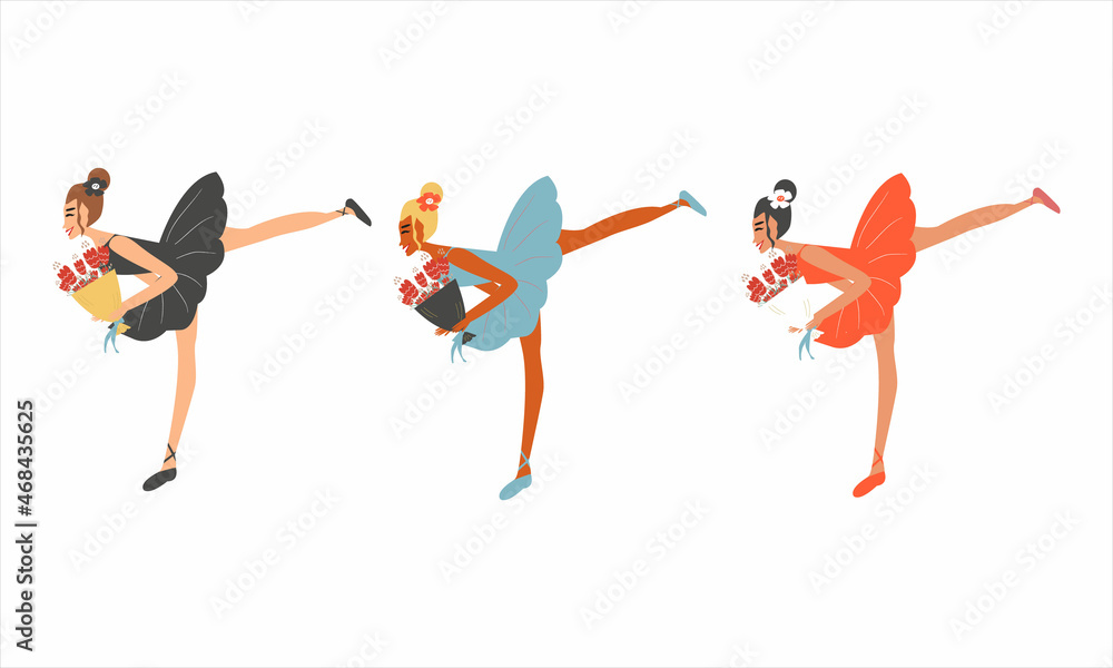 Three dancing ballerinas holding a bouquet in their hands. Vector illustration