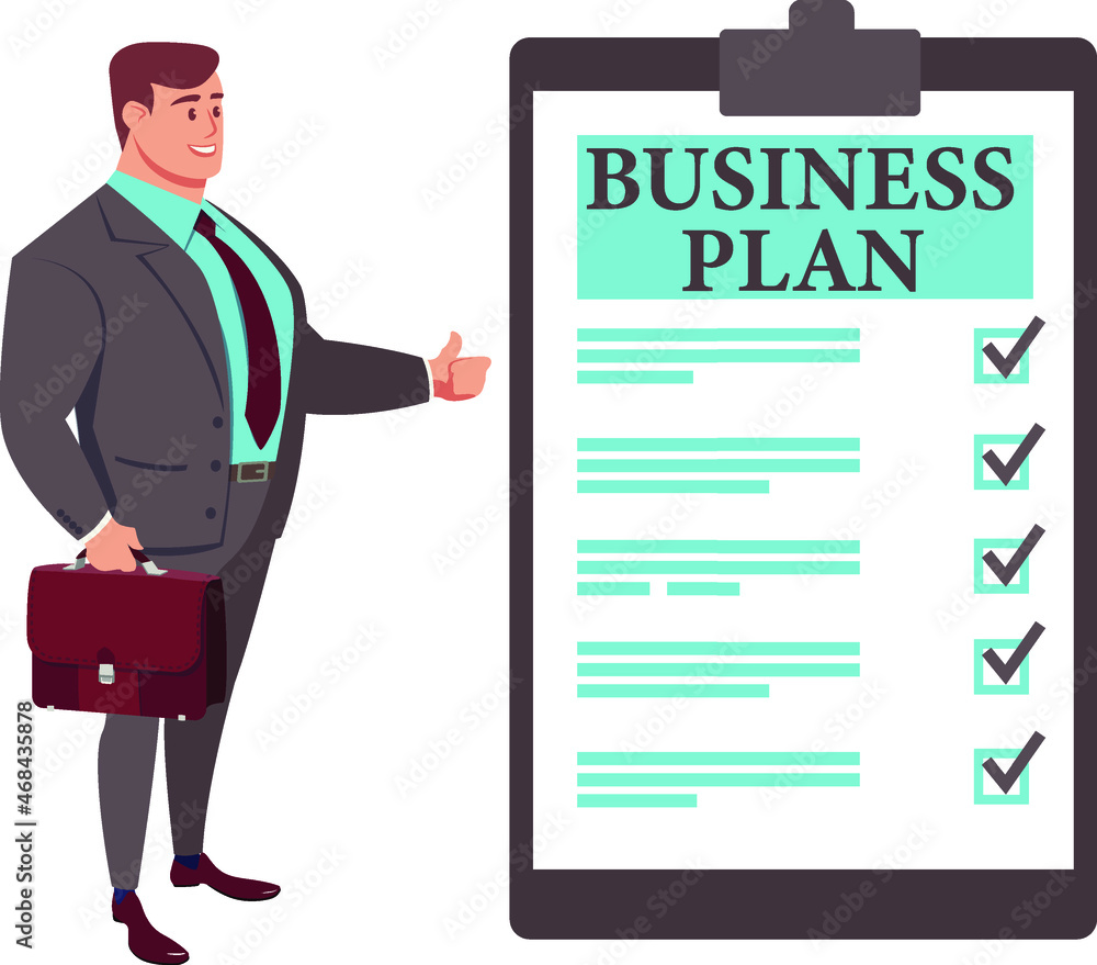 A businessman in a suit is standing next to a business plan. A man's joy at a well-crafted and thought-out work plan. Stock vector illustration A businessman in a suit is standing next to a business plan. A man's joy at a well-crafted and thought-out work plan. Stock vector illustration