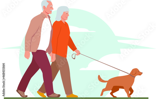 Two elderly people take a walk in the park on a clear day with their dog. A joyful elderly couple on a walk with their pet. Stock vector illustration
