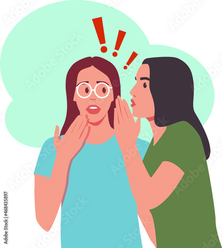 Two women are gossiping. A girl is talking in the other girl's ear about a rumor. Spreading untrue information between people. Stock vector illustration