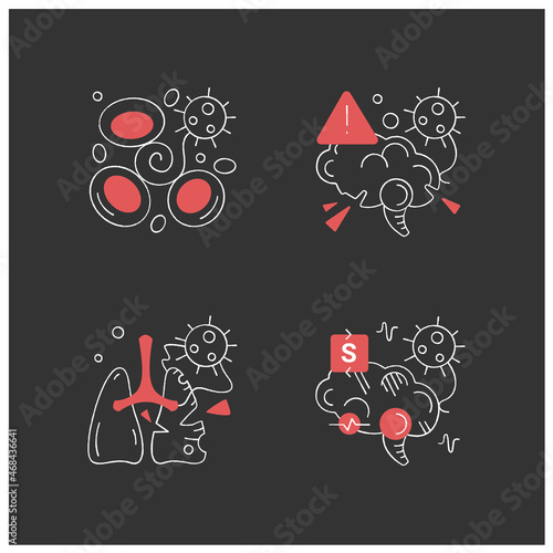 Corona virus effects chalk icon set. Covid long term system health damage. Neurological disorder, blood clotting, brain damage.Isolated ector illustrations on chalkboard