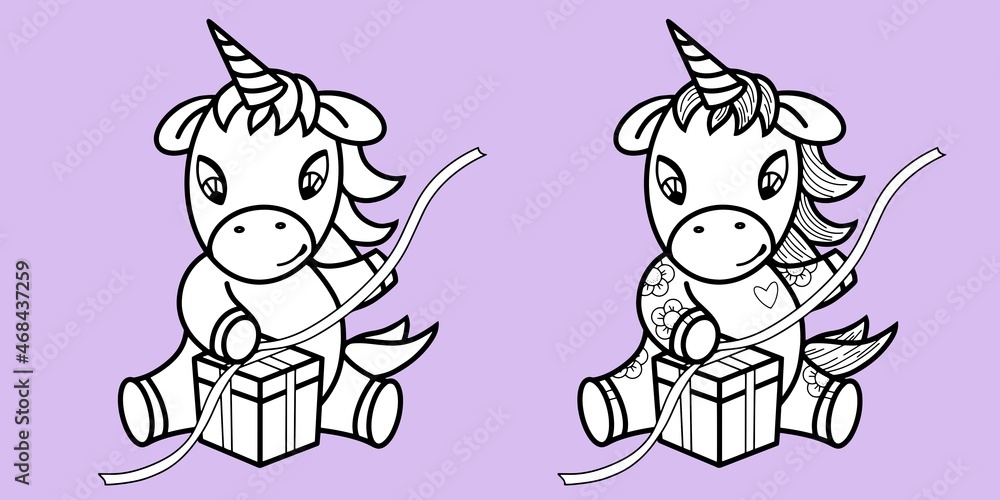 A set of cute unicorn opens a gift, ties a bow on the gift, contour drawing and texture drawing, vector A set of cute unicorn opens a gift, ties a bow on the gift, contour drawing and texture drawing, vector