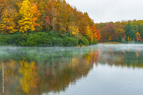 Fall Color Reflections on The Misty Surface Of Boley Lake  Babcock State Park  West Virginia  USA