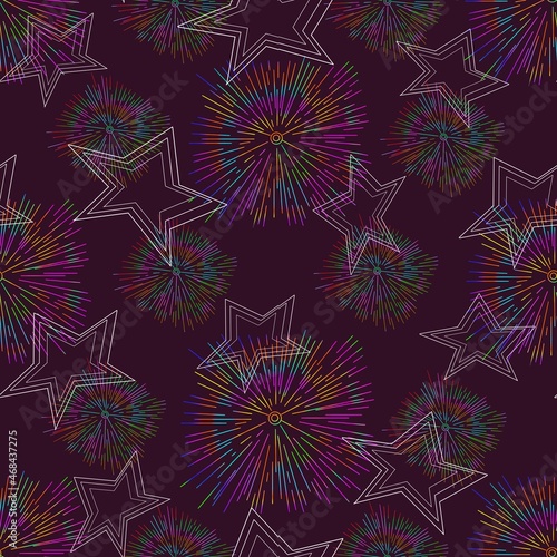 Seamless pattern, magic stars and flashes on a dark purple background photo