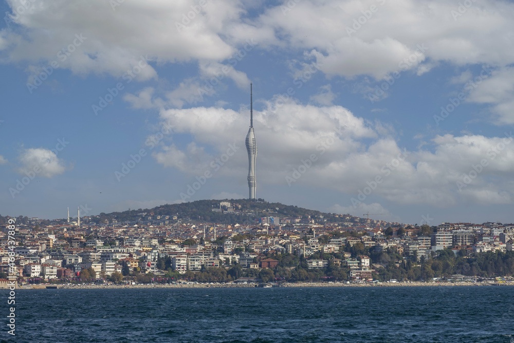 istanbul,turkey-october 29, 2021: new antenna tower in istanbul camlica district and cityscape