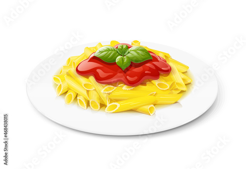 Pasta on plate with ketchup. Macaroni. Basil leaf. Traditional italian food. Isolated on white background. Eps10 vector illustration.