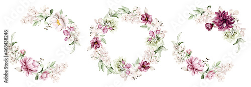 Wreaths, floral frames, watercolor flowers pink peonies, Illustration hand painted. Isolated on white background. Perfectly for greeting card design.