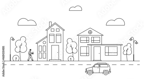 Vector line art illustration with suburban cityscape and different buildings.