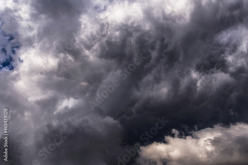 Storm sky, epic dark grey blue rainy clouds abstract background texture, thunderstorm 