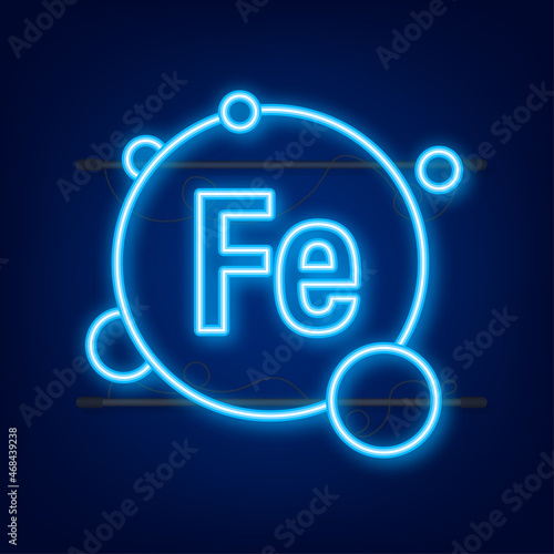 Mineral Fe Ferum blue shining pill capsule neon icon. Vector stock illustration.