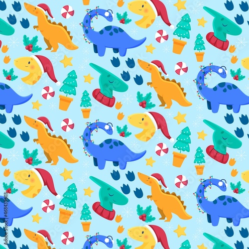 funny christmas pattern with dinosaurs vector design illustration