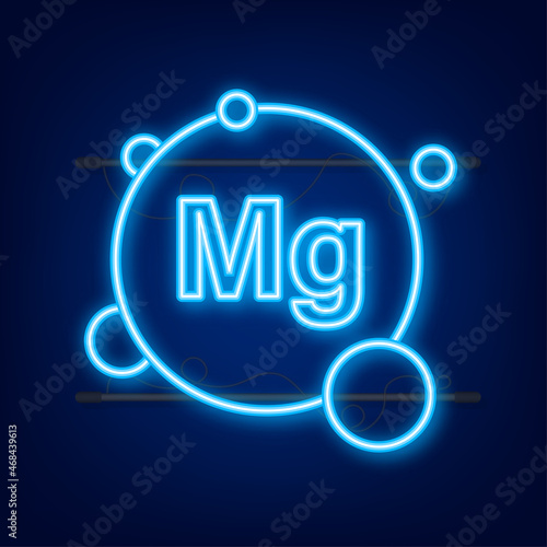 Blue magnesium neon sign. Magnesium mineral. Mg pill capsule. Vector stock illustration.
