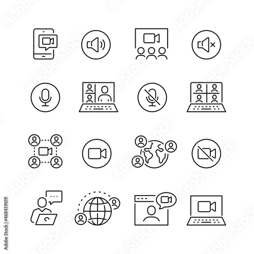 Video conference related icons: thin vector icon set, black and white kit