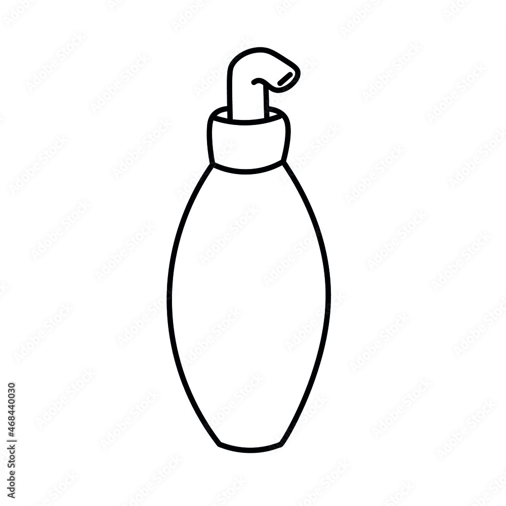 Vector illustration. Dispenser symbol for hygiene product. Transparent bottle for liquid with a pump. Simple spine in black outline on a white background. The oval shape of the vessel. Vector illustration. Dispenser symbol for hygiene product. Transparent bottle for liquid with a pump. Simple spine in black outline on a white background. The oval shape of the vessel.