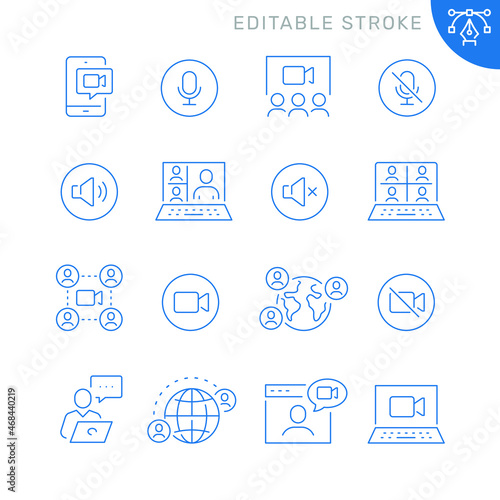 Video conference related icons. Editable stroke. Thin vector icon set