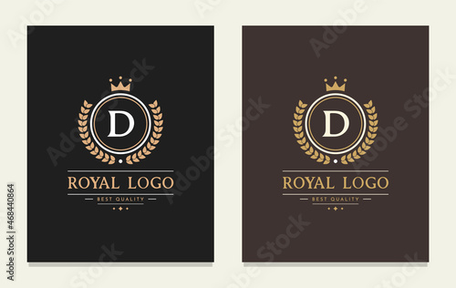 Graceful letter D luxury royal style crown logo. Elegant emblem and round shape. The vintage symbol for book design, brand name, business card, restaurant, boutique, hotel, cafe, identity, badge