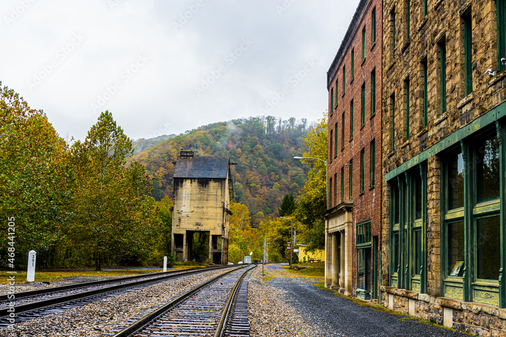 The Abandoned Building of Downtown Thurmond Beside The Railroad Tracks, New River Gorge National Park, Wesy Virginia, USA